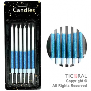 VELA GIBREADA 10 CM DUO COLOR AZUL BLANCO CON PORTAVELA x 6 UNIDADES